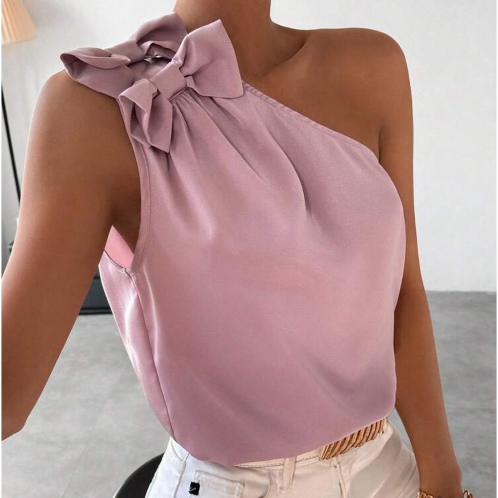 Classic Elegant One Shoulder Office Work Evening Top Blouse Shirt Dusty Pink